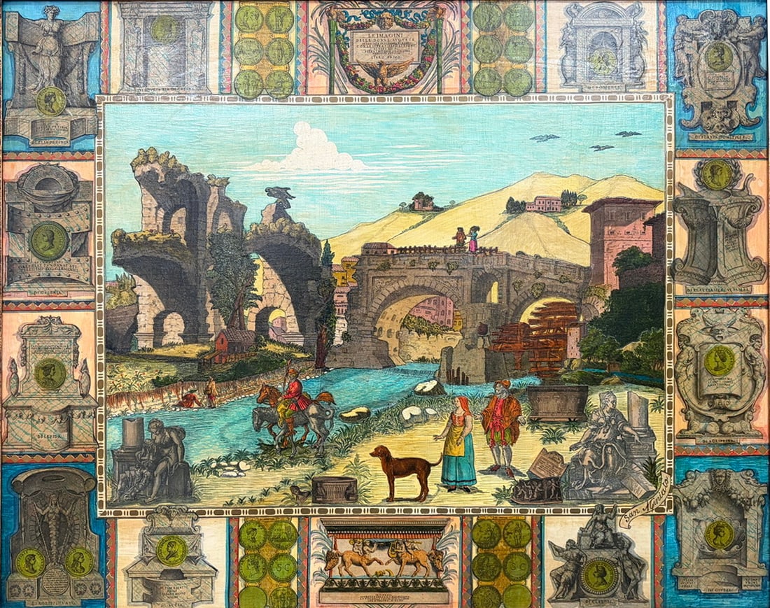 Vintage Gilt Wood Framed Decoupage Landscape Art: Decorative mixed-media artwork depicting a European river landscape with stone bridge, figures, and classical ruins. Surrounded by decoupage engravings of Roman imperial women, medallions, and archite