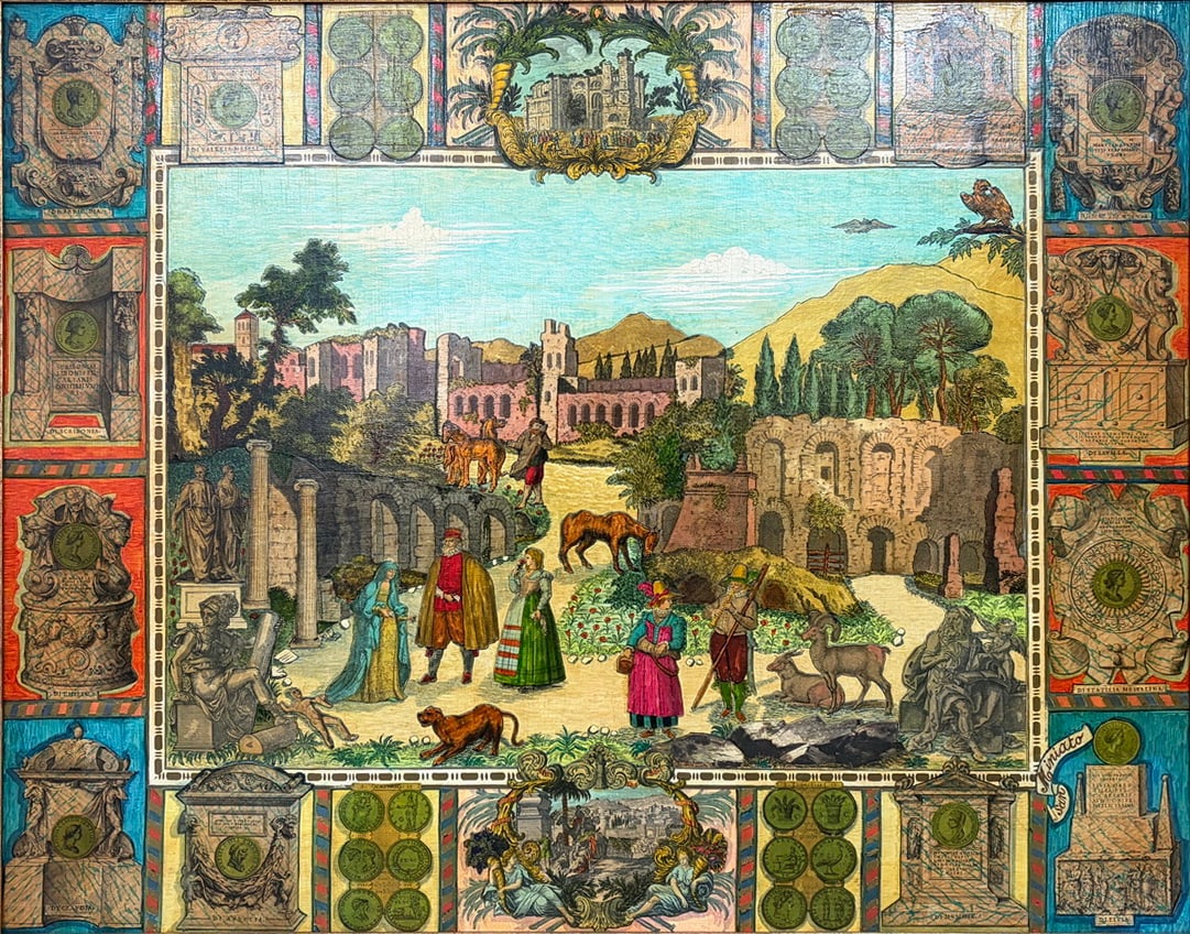 Vintage Gilt Wood Framed Decoupage Landscape Art: Vintage decoupage artwork depicting figures gathered among classical ruins, statues, animals, and architectural remains in an Italianate landscape. Surrounded by a decorative border featuring Roman-in