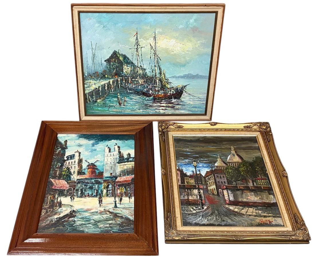 Framed Harbor Scene & City Oil on Canvas 3pc LOT: Lot of three framed oil paintings on canvas depicting a harbor scene with fishing boats and two European city views. Signed by the artists and executed in an impressionistic style with textured brushw
