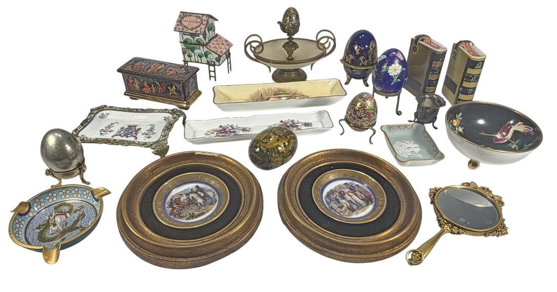 Assorted Porcelain, Enamel & Bronze Decor 19pc LOT: Lot of 19 decorative collectibles including porcelain dishes, cloisonne eggs, enamel and bronze boxes, miniature framed plaques, decorative metal pieces, a small onyx item, and two Spirit of Scotland 