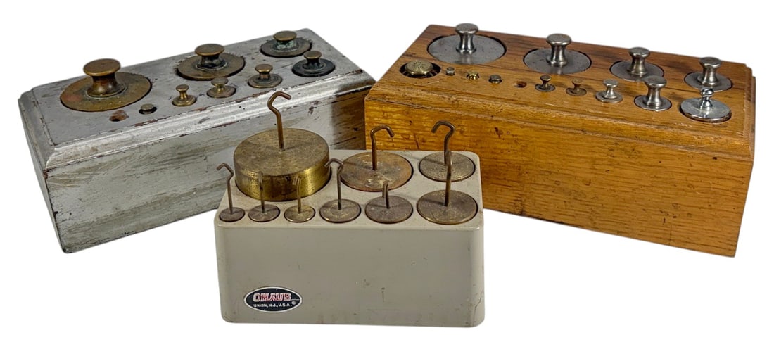 Antique Apothecary/Laboratory Weight Sets 3pcs: Lot of 3 apothecary or laboratory weight sets. Includes two larger wooden weight blocks and one smaller plastic weight block. Each contains graduated metal weights mounted in fitted holders for precis