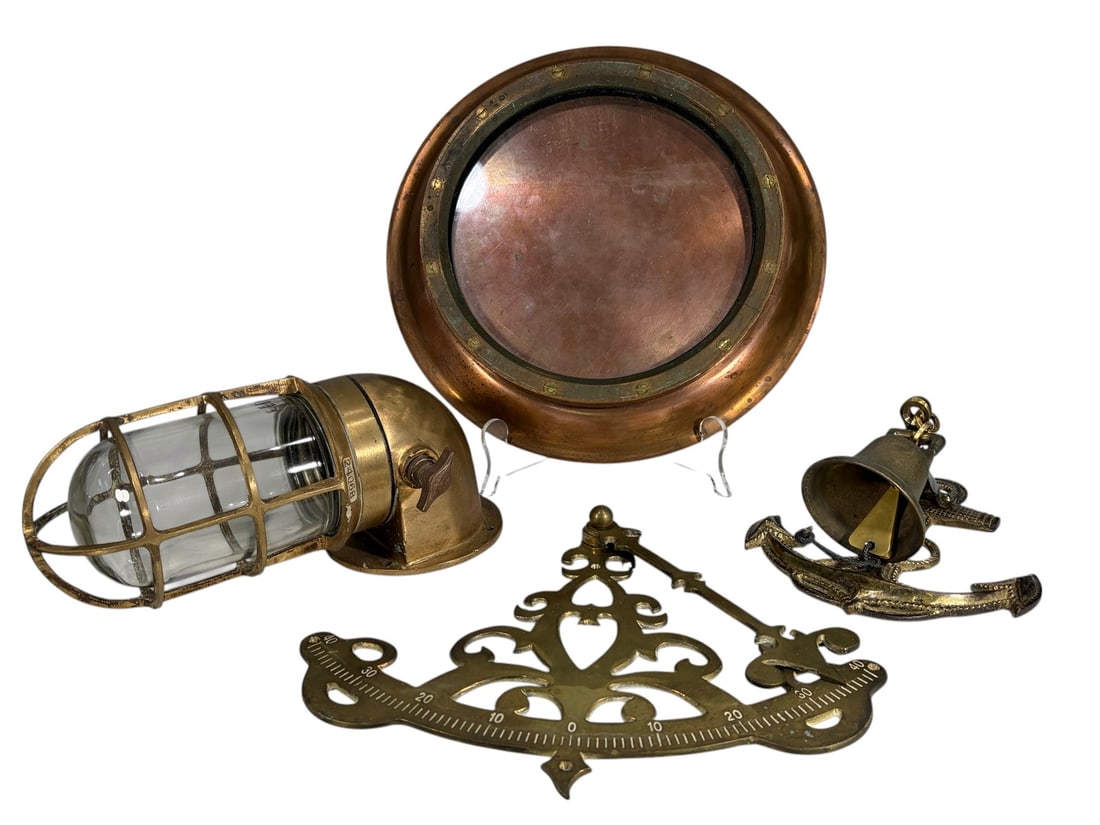 Maritime Brass & Metal Nautical Objects 4pc LOT: Lot of 4 nautical items comprising a metal anchor-form bell, a bronze scale or instrument pointer plaque, a copper-toned brass ship porthole, and a solid brass ship lantern with glass globe. Porthole 