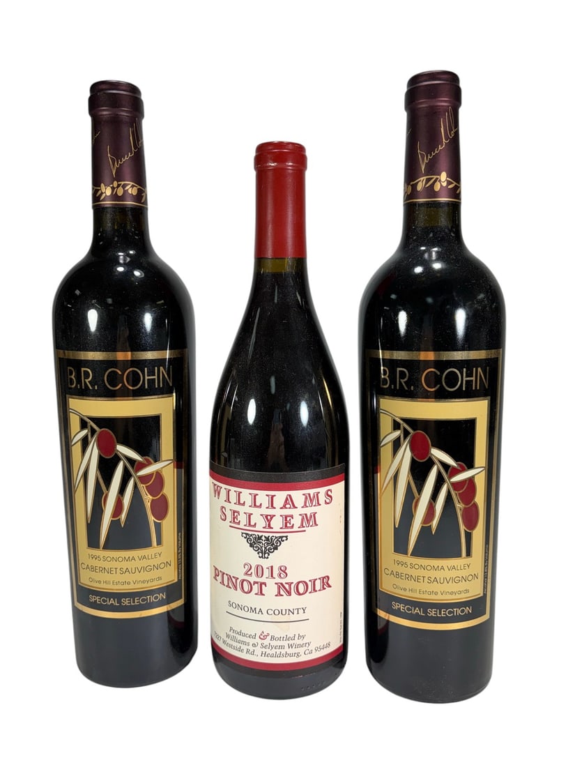 B.R. Cohn & Williams Selyem Wine Bottles 3pc LOT: Lot of 3 wine bottles including two B.R. Cohn 1995 Sonoma Valley Cabernet Sauvignon Special Selection Olive Hill Estate Vineyards bottles and one Williams Selyem 2018 Pinot Noir Sonoma County bottle. 