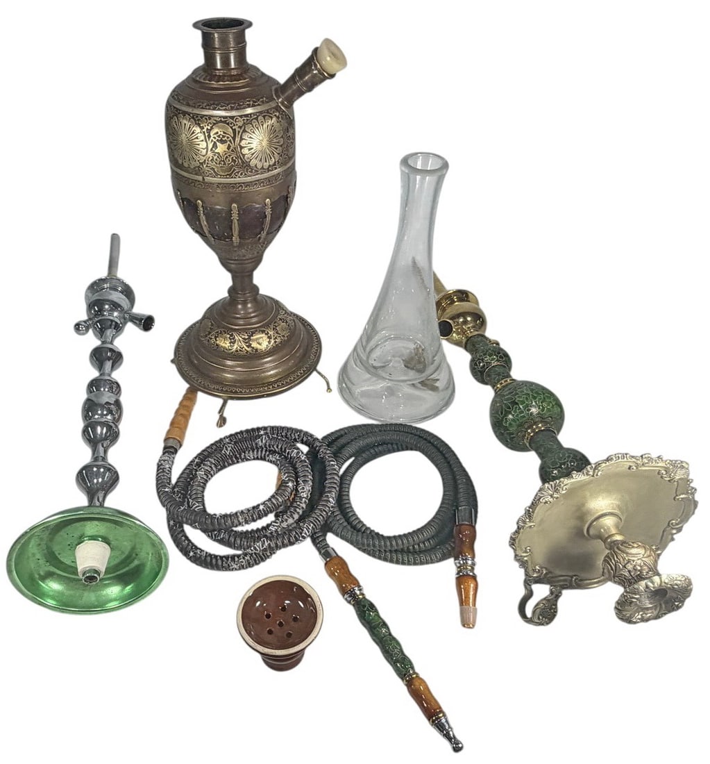 Assorted Decorative Hookahs Metal & Glass 2pc LOT: Lot of two decorative hookahs, including one with a bronze-tone metal base and cloisonne-style enamel accents, and one with a clear glass base and chrome-finished metal stem. Both retain flexible hose