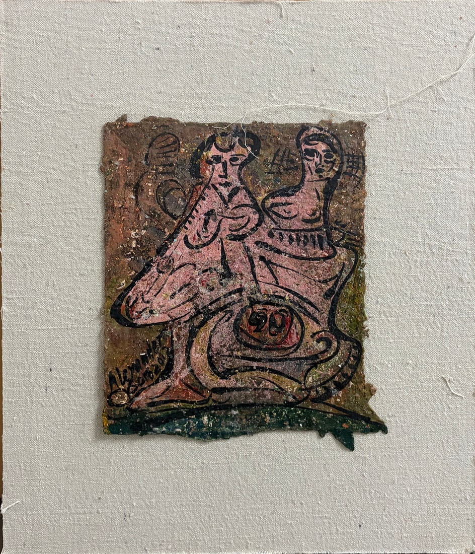 Alexander Gore (Russian-American, b.1958) Painting: 20th century mixed media painting by Alexander Gore (Russian-American, born 1958). This abstract composition depicts a stylized human face rendered with expressive linework and richly textured surface