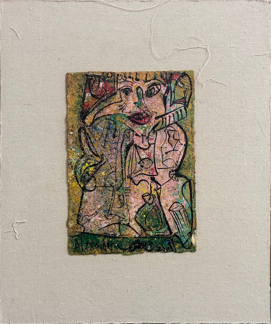 Alexander Gore (Russian-American, b.1958) Painting: 20th century mixed media painting by Alexander Gore (Russian-American, born 1958). This abstract figural composition depicts a stylized portrait with geometric and expressive linear elements. Executed