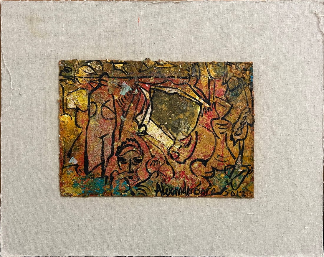 Alexander Gore (Russian-American, b.1958) Painting: 20th century mixed media painting by Alexander Gore (Russian-American, born 1958). This abstract figural composition features overlapping stylized faces and figures rendered with bold black linework o