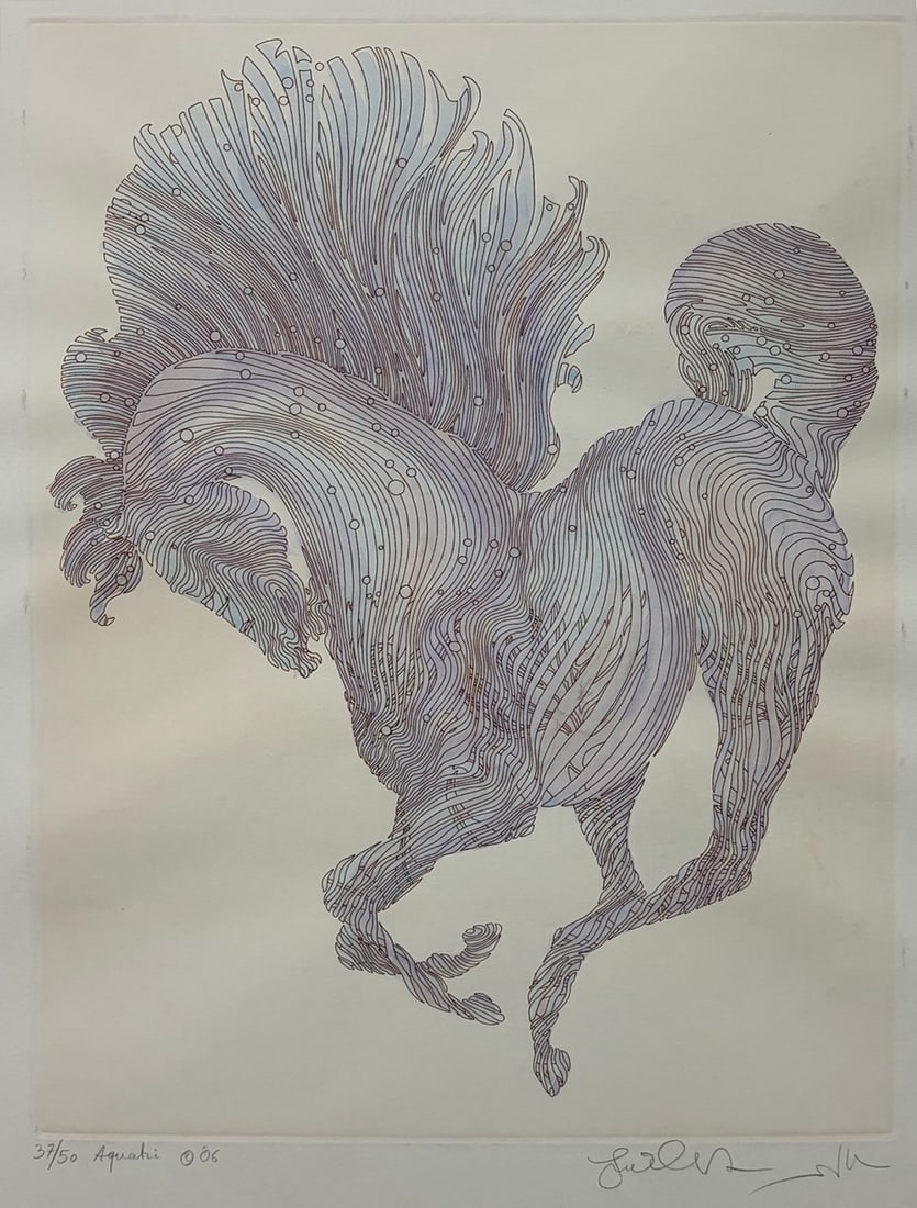 Guillaume Azoulay French Aquatic Horse Serigraph: Limited edition colored serigraph on paper by Guillaume Azoulay (French, born 1949). Titled Aquatic, the composition depicts a stylized horse rendered entirely through flowing, interconnected linear p