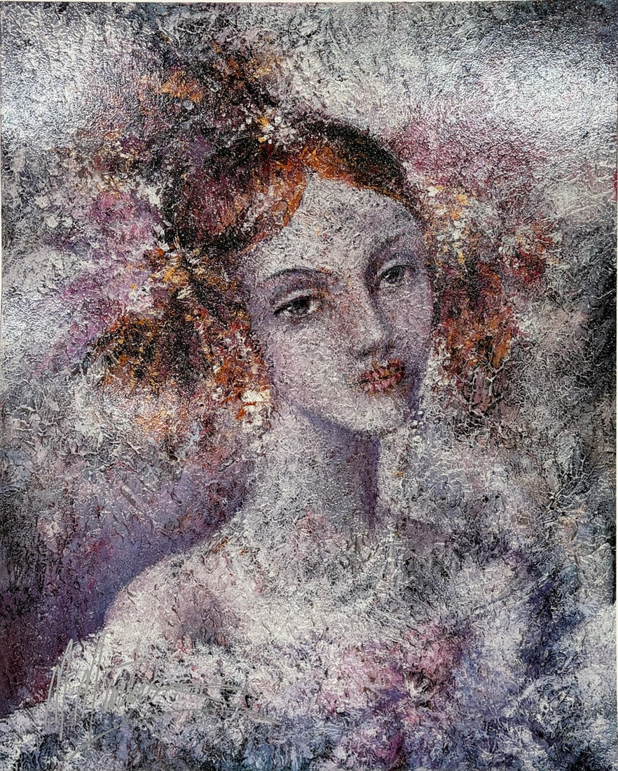 Martiros 20th C Dreamlike Female Portrait Giclee: Colored giclee print after Martiros depicting a dreamlike female portrait in layered lavender, violet, gray, rose, and white tones with textured abstract brushwork. Numbered 97/100, signed lower left,