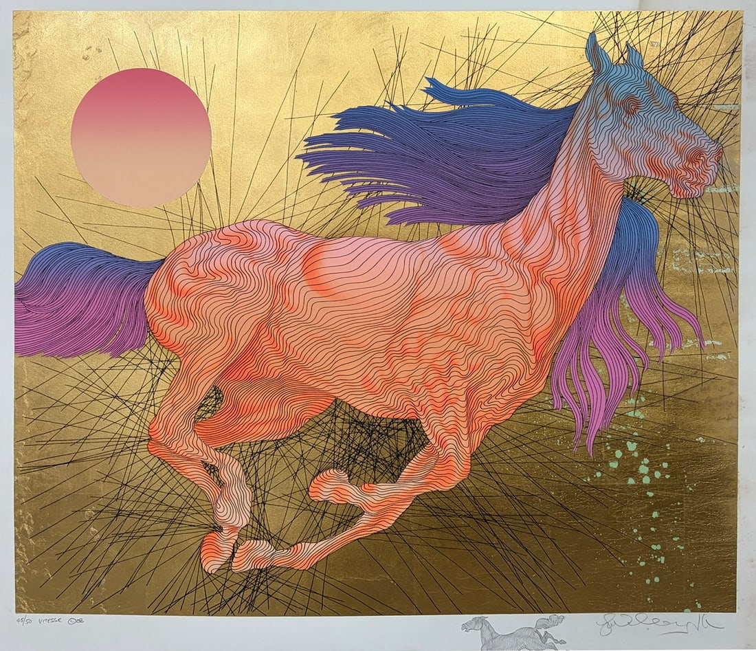 Guillaume Azoulay Colored Serigraph Horse Gold Art: Colored serigraph on paper by Guillaume Azoulay (French, born 1949), depicting a stylized rearing horse composed of flowing contour lines in shades of pink, lavender, and blue against a metallic gold 