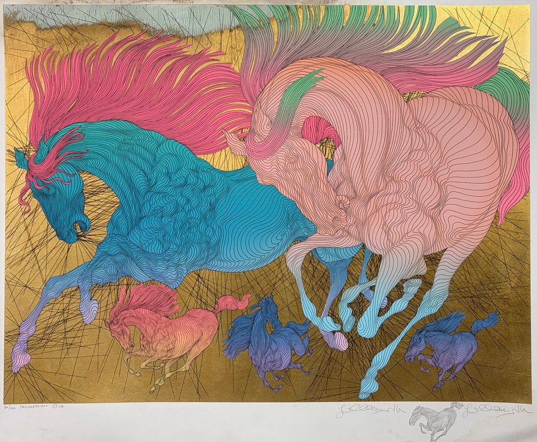 Guillaume Azoulay Colored Serigraph Horse Gold Art: Limited edition colored serigraph on paper by Guillaume Azoulay (French, born 1949). The composition depicts multiple stylized horses rendered in flowing contour lines in shades of blue, pink, purple,