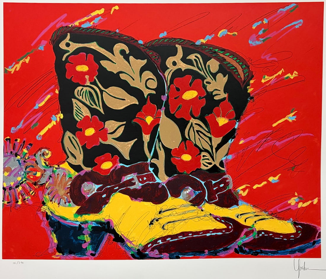 Kim Yoakum Signed L/E Cowboy Boots Serigraph: Limited edition color serigraph by Kim Yoakum depicting a pair of decorated cowboy boots with floral motifs against a vivid red background. Hand signed by the artist in pencil along the right margin a