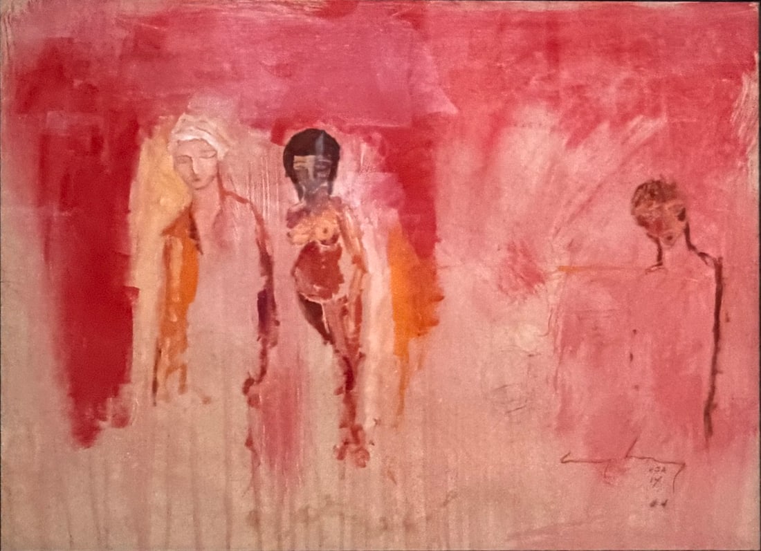 Signed Abstract Figural Mixed Media Framed Art PC: Framed abstract mixed media artwork depicting three stylized figural forms rendered in shades of red, pink, orange, and white. The composition features expressive brushwork and sketch-like line detail