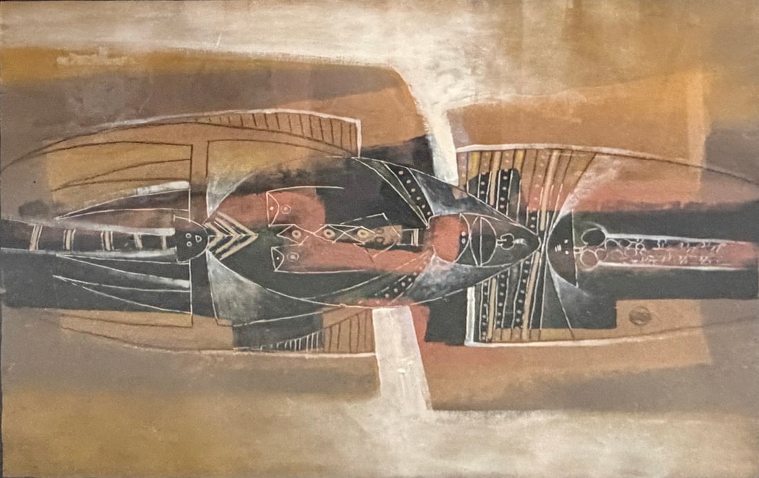 Alberto Donat (1942-2004) Cuban Mixed Media Art: Mixed media composition titled Afrocomp No. 1 by Alberto Donat. The work features an abstract figural form rendered with geometric motifs, linear details, and earth-tone colors including black, brown,