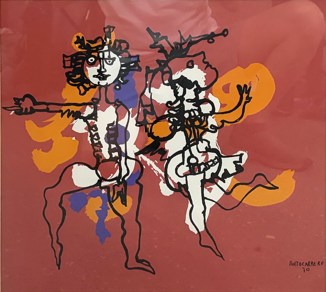 After Portocarrero 1912-1985 Carnival Serigraph: Framed Cuban serigraph after Rene Portocarrero (1912-1985), depicting the artist's celebrated Carnival composition. The work features two expressive abstract figures rendered in bold black linework wi