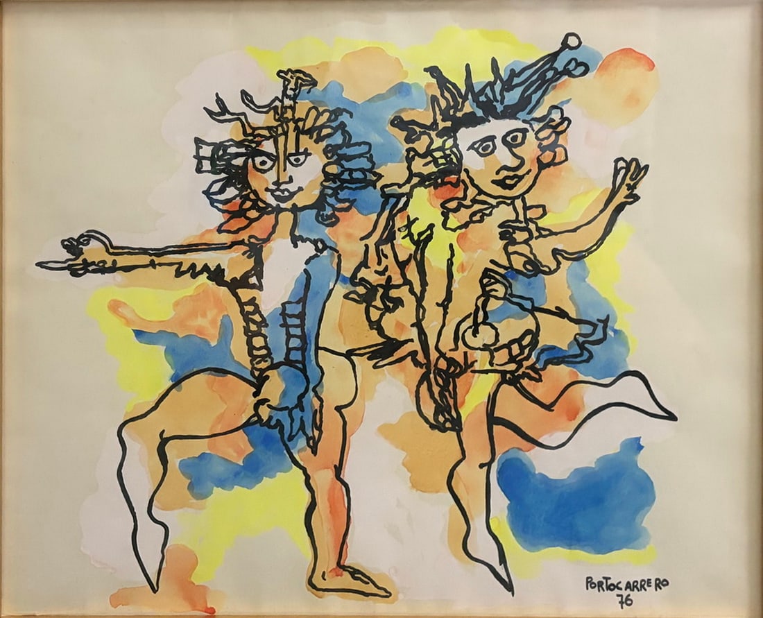 After Portocarrero 1912-1985 Carnival Serigraph: Framed Cuban serigraph after Rene Portocarrero (1912-1985), depicting the artist's celebrated Carnival composition. The work features two expressive abstract carnival figures rendered in bold black li