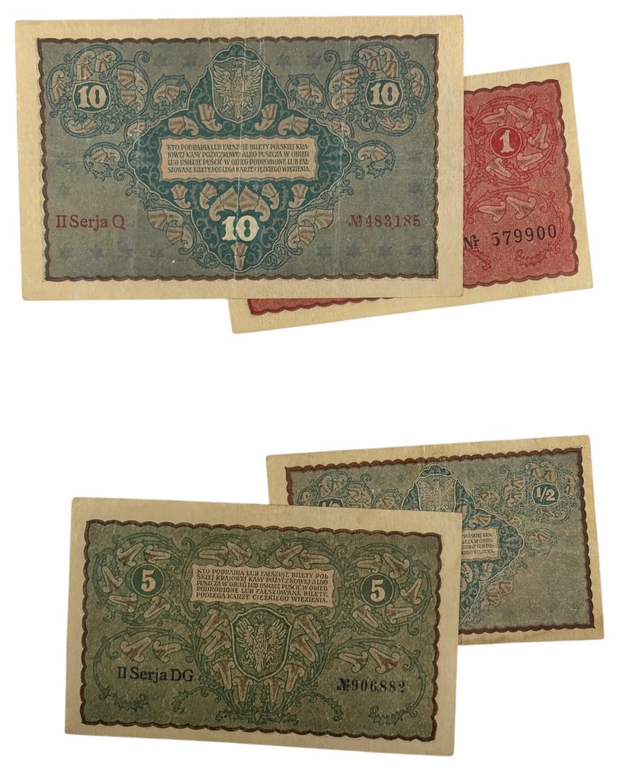 Vintage Early Polish Marka Banknotes 1919-1920 4pc: Lot of four early Polish Kasa Pozyczkowa banknotes comprising denominations of 1/2 Marka Polska, 1 Marka Polska, 5 Marek Polskich, and 10 Marek Polskich. Issued between 1919 and 1920, these notes feat