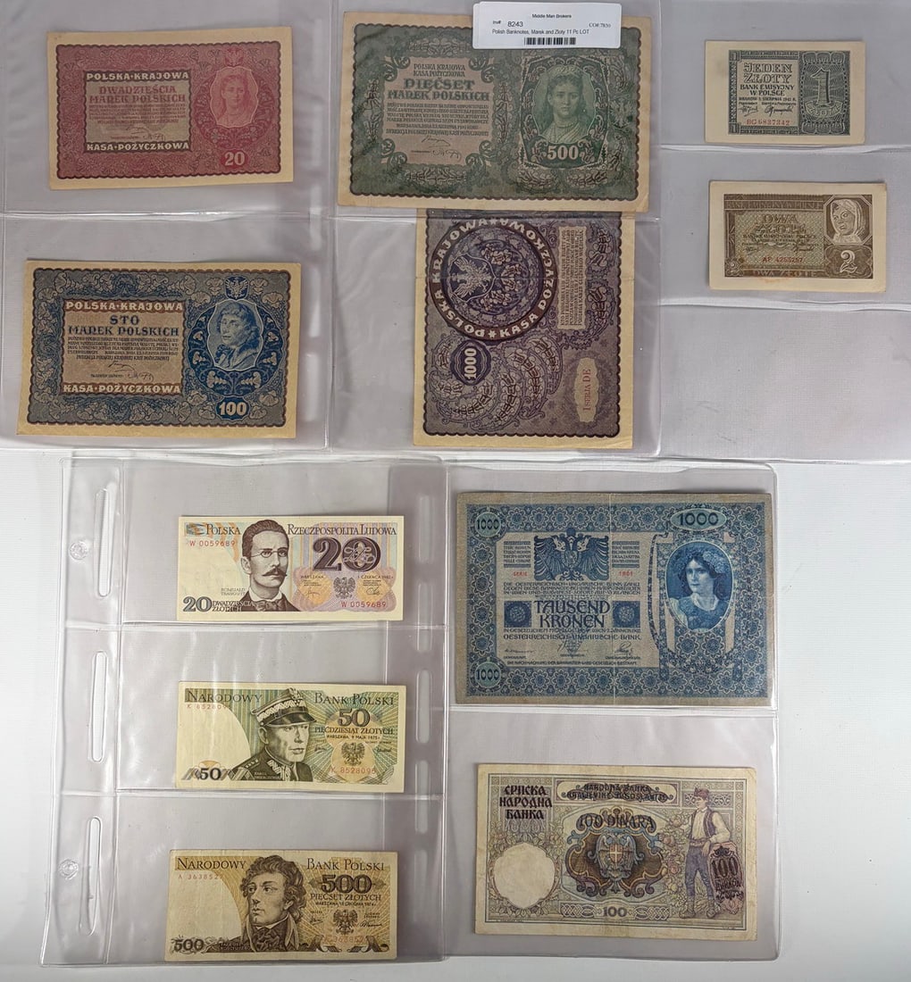 Vintage Polish Marek & Zloty Banknotes 11pc LOT: Lot of eleven Polish banknotes spanning multiple issues and denominations. The group includes Polska Krajowa Kasa Pozyczkowa notes of 20, 100, 500, and 1000 Marek Polskich dated 1919, Bank Emisyjny w 