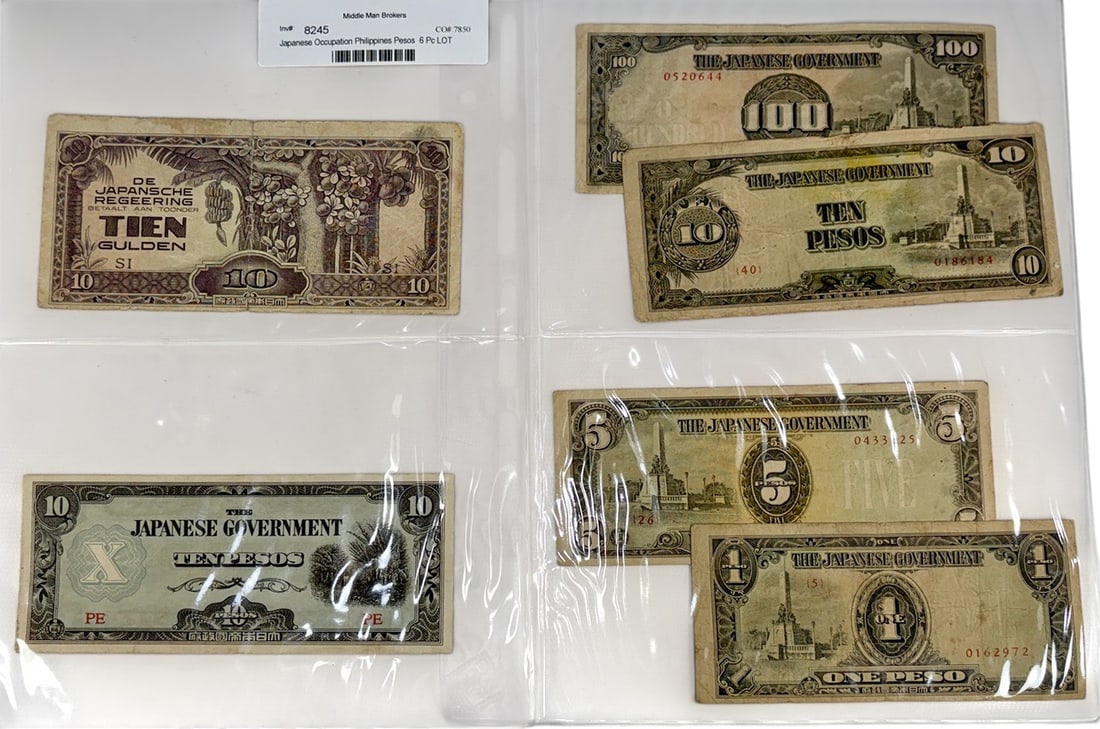 Japanese Occupation Philippines Pesos 6pc LOT: Collection of six Japanese Government occupation banknotes issued for circulation in the Philippines during World War II. Lot includes denominations of 1 Peso, 5 Pesos, 10 Pesos, and 100 Pesos, includ