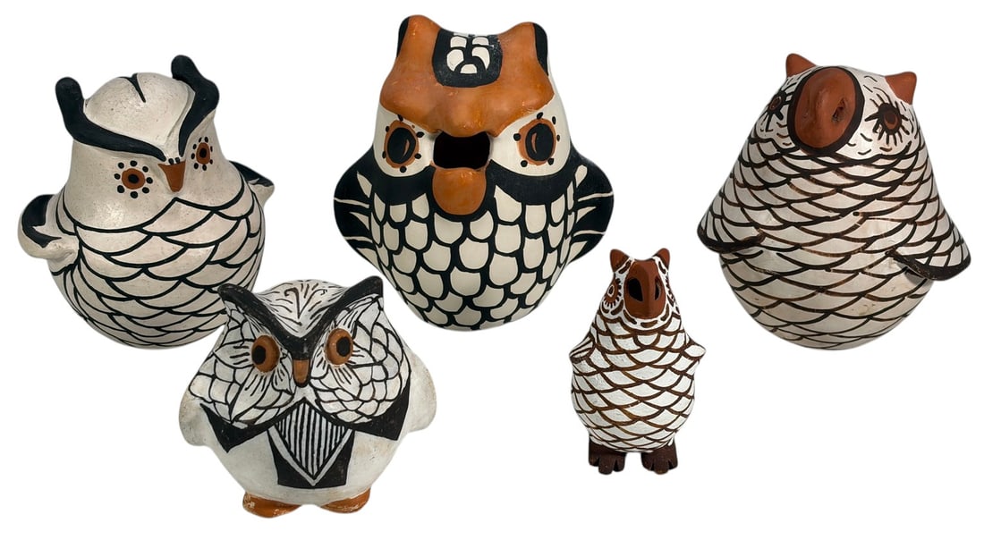 Native American Pottery Owl Figures Signed 5pc LOT (1 of 9)