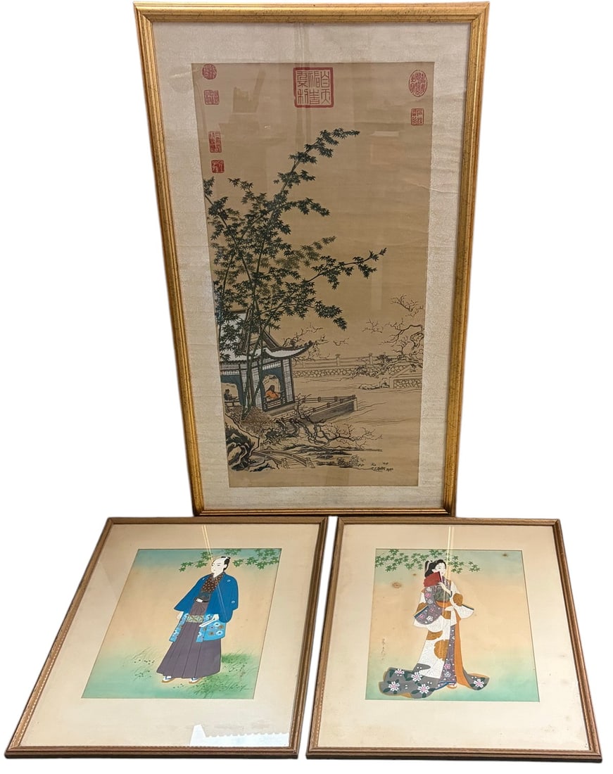 Japanese Paintings on Wax & Paper Art 3pc LOT (1 of 8)