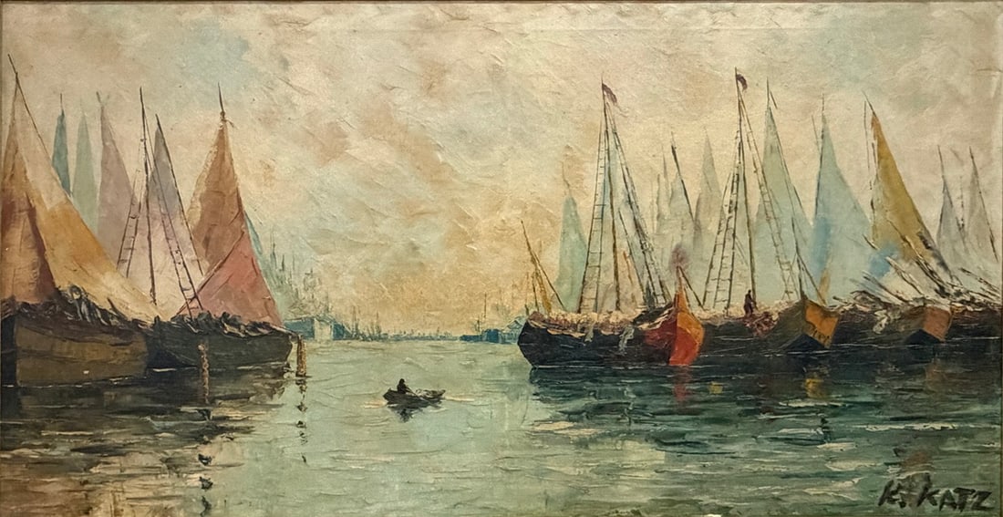 Signed K.Katz Harbor Scene Oil Painting on Canvas: Framed oil painting on canvas depicting a busy harbor scene with numerous sailboats moored on calm water. The composition features colorful sails in shades of cream, blue, yellow, and red, with reflec