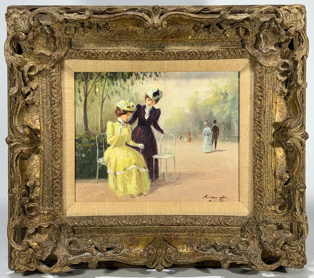 Signed Impressionist Scene Oil on Canvas Painting: Oil on canvas painting depicting an elegant park or garden scene with two fashionably dressed women conversing beside chairs along a tree-lined promenade. Additional figures appear in the distance, le