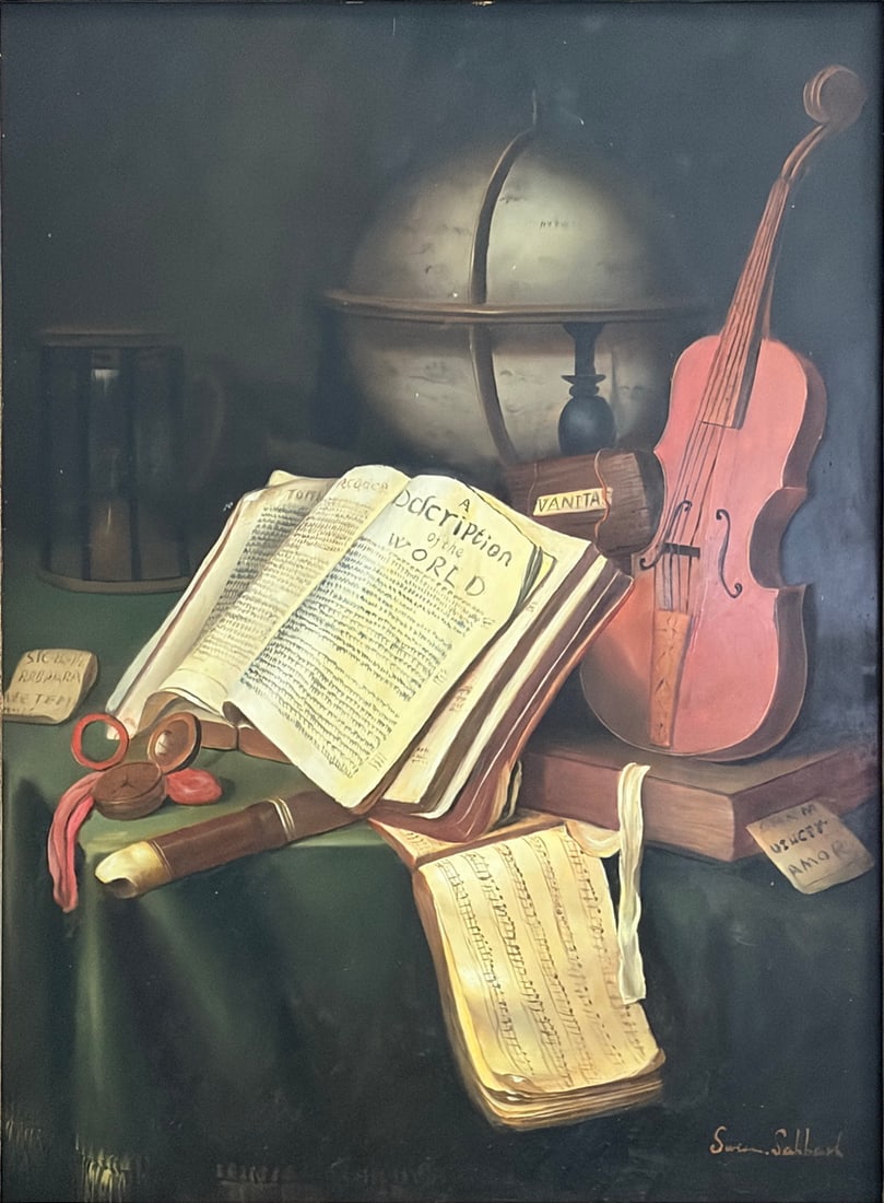 Signed Framed S. Sabbath Still Life Oil Painting: Signed still life oil painting by Susan Sabbath depicting a violin, globe, books, sheet music, and scholarly objects arranged in a traditional vanitas composition. Presented in an ornate carved gilt-t