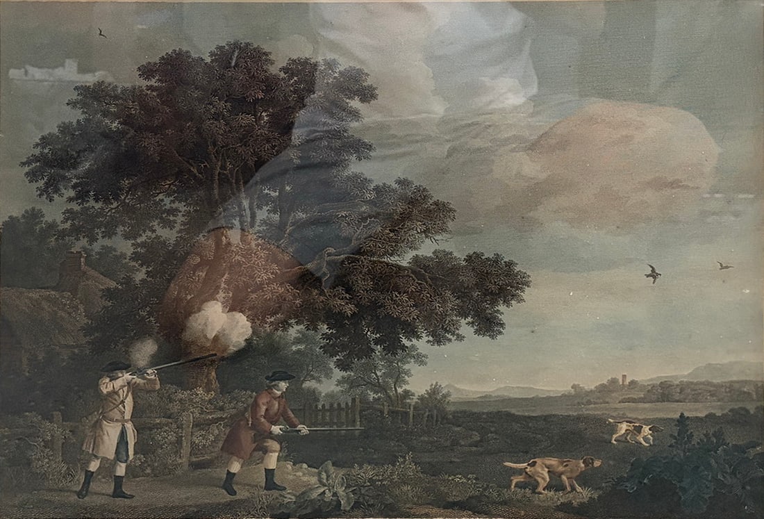 After W. Woollett Colored Hunting Scene Engraving: Hand-colored engraving depicting an English hunting scene with sportsmen, dogs, and game birds in a pastoral landscape. Engraved by W. Woollett after George Stubbs and bears a dated August 30, 1770 in