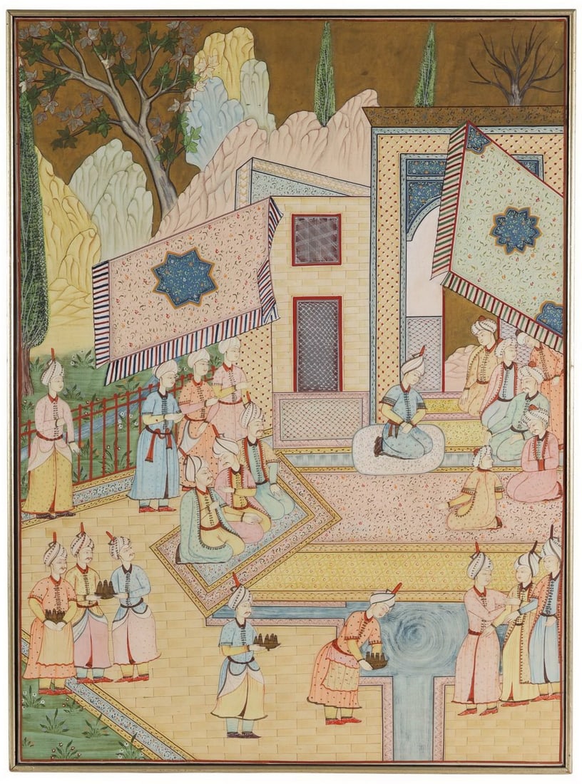 Mughal Indo Persian Court Scene Textile Painting: Indo-Persian style painting on textile executed in colored pigment on textile, depicting a regal Mughal court scene. Elegantly dressed figures in traditional attire gather in a palace courtyard, engag