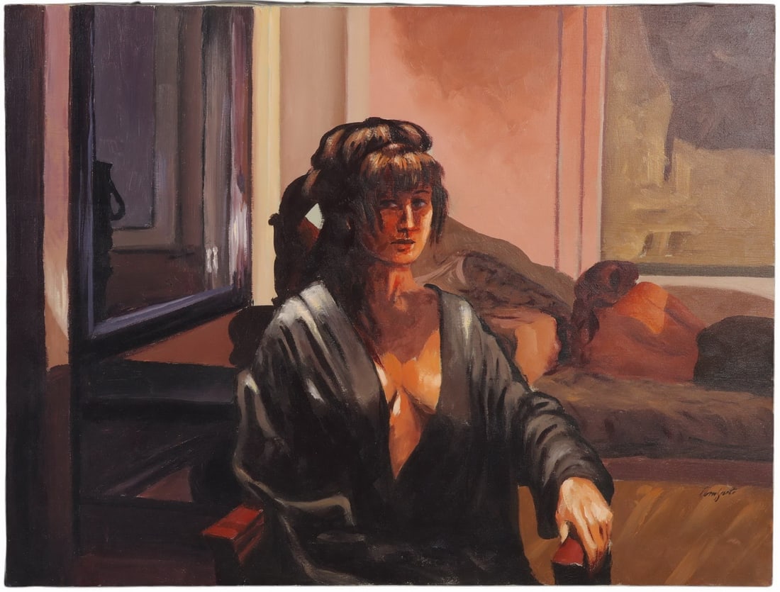 Ferjo b.1946 Homage to Caputo Portrait Painting: Fernando De Jesus Oliveira (Ferjo) (Brazilian, born 1946), original oil painting on canvas titled Depressed Woman, an homage to Tonino Caputo (Italian, born 1933). The composition features a seated wo