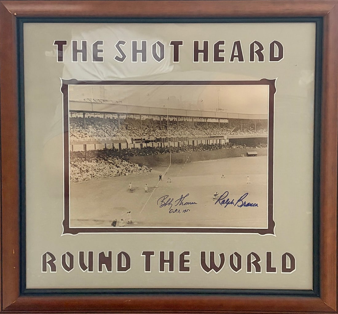 SIGNED Bobby Thomson Ralph Branca Shot Heard: Framed baseball memorabilia display commemorating "The Shot Heard Round the World," the historic home run hit by Bobby Thomson on October 3, 1951. Features a vintage stadium photograph with signatures
