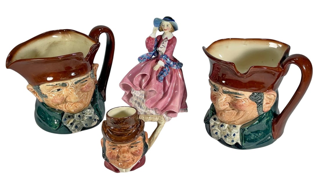 Royal Doulton Ceramic Character Jugs & Figure 4pcs: Lot of 4 ceramic pieces including two Royal Doulton character jugs depicting elderly gentlemen, one Royal Doulton bone china figurine titled "Top O' The Hill" HN1849, and one miniature character jug b