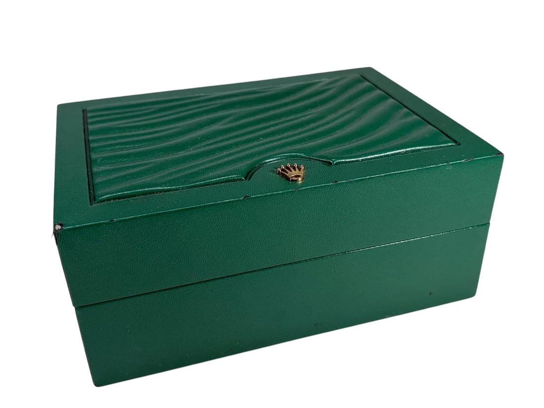 Rolex Watch Presentation Empty Box w Warranty Card: Green Rolex watch presentation box with cream suede-style interior, retaining Rolex warranty booklet and warranty card. The card shows model and serial information and is housed in the original docume