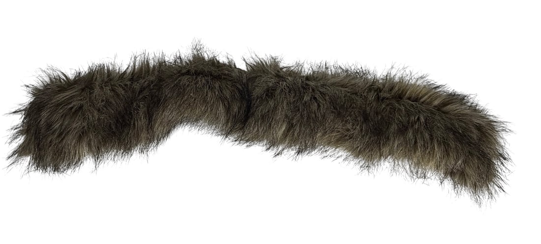 Natural Fur Coat Collar Trim Accessory Fashion: Natural fur collar or trim accessory with gray and brown variegated fur mounted to a black fabric backing. Designed for use as a coat, hood, or garment trim. Features long guard hairs and soft underfu