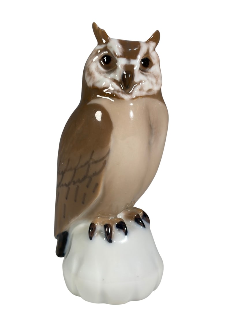 Bing & Grondahl Porcelain Owl Figure on White Base: Danish porcelain owl figurine by Bing & Grondahl, featuring a stylized owl with brown and cream glazed decoration perched atop a white molded base. The piece displays detailed facial features, raised 