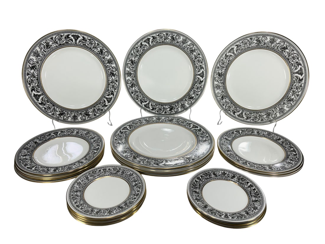 Wedgwood Florentine China Dish Service 21pc LOT: Wedgwood Florentine W4312 bone china dish service, comprising twenty-one pcs. The set includes seven dinner dishes, seven salad dishes, and seven bread and butter dishes. Decorated in the classic blac