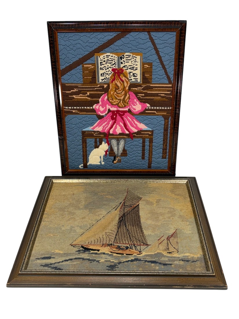 Framed Needlepoint & Sailboat Textile Art 2pc LOT (1 of 3)