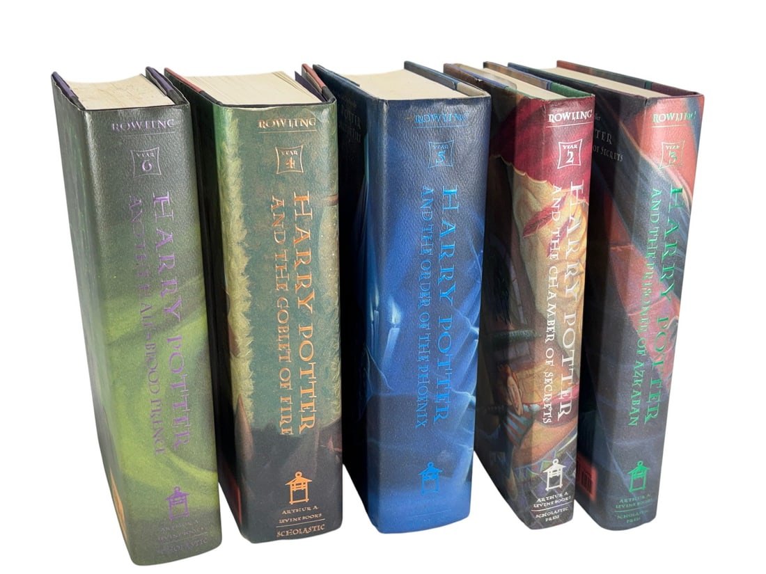 Harry Potter Books by J.K. Rowling Collection 5pcs: Collection of five hardcover Harry Potter novels by J.K. Rowling, published by Arthur A. Levine Books/Scholastic. Included are Harry Potter and the Chamber of Secrets (Year 2), Harry Potter and the Pr