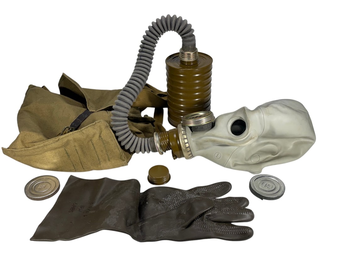 Soviet GP-5 Gas Mask Kit with Filter & Glove Set: Cold War-era Soviet GP-5 style gas mask kit consisting of a gray rubber hood-type gas mask, corrugated breathing hose, cylindrical olive drab filter canister, single black rubber protective glove, and