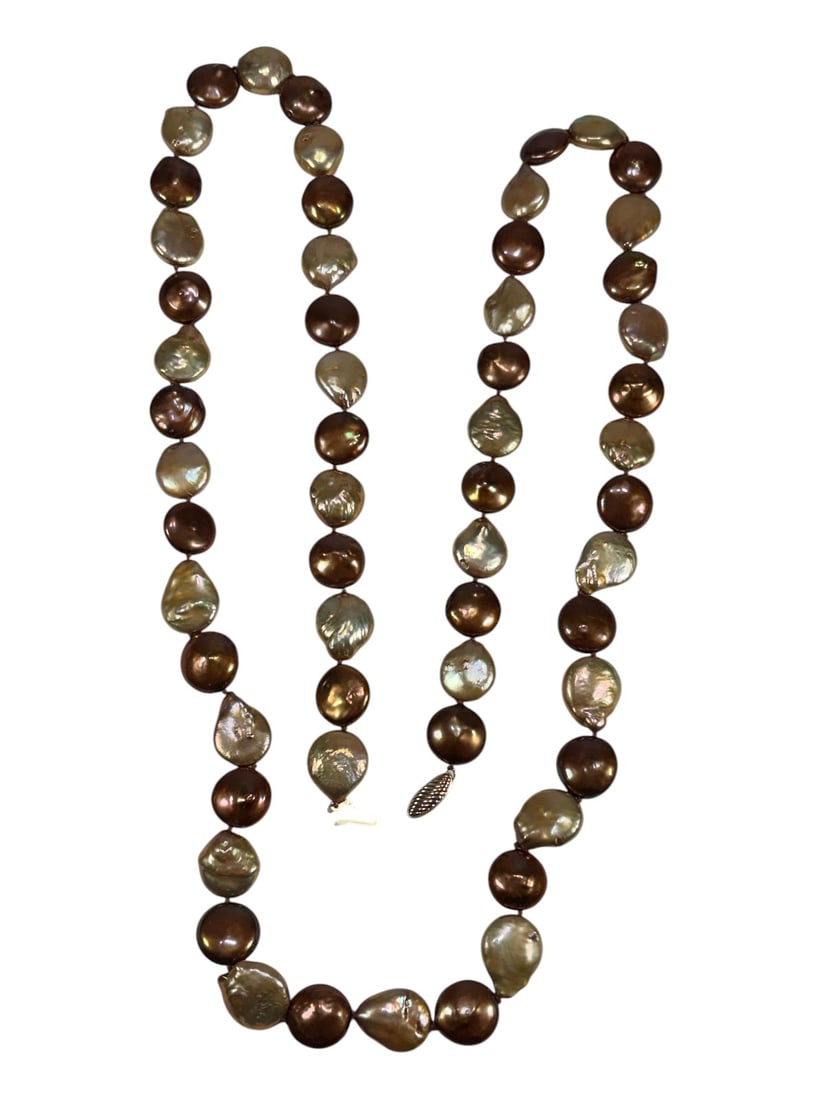 Silpada Style Coin Pearl Necklace w/ 14K Clasp: Long strand necklace in the Silpada style, composed of alternating cream and bronze-toned freshwater coin pearls with strong natural iridescence. Finished with a 14K gold clasp marked "14K". The neckl