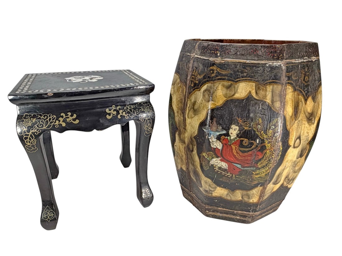 Black Lacquer Stand & Painted Waste Basket 2pc LOT (1 of 8)