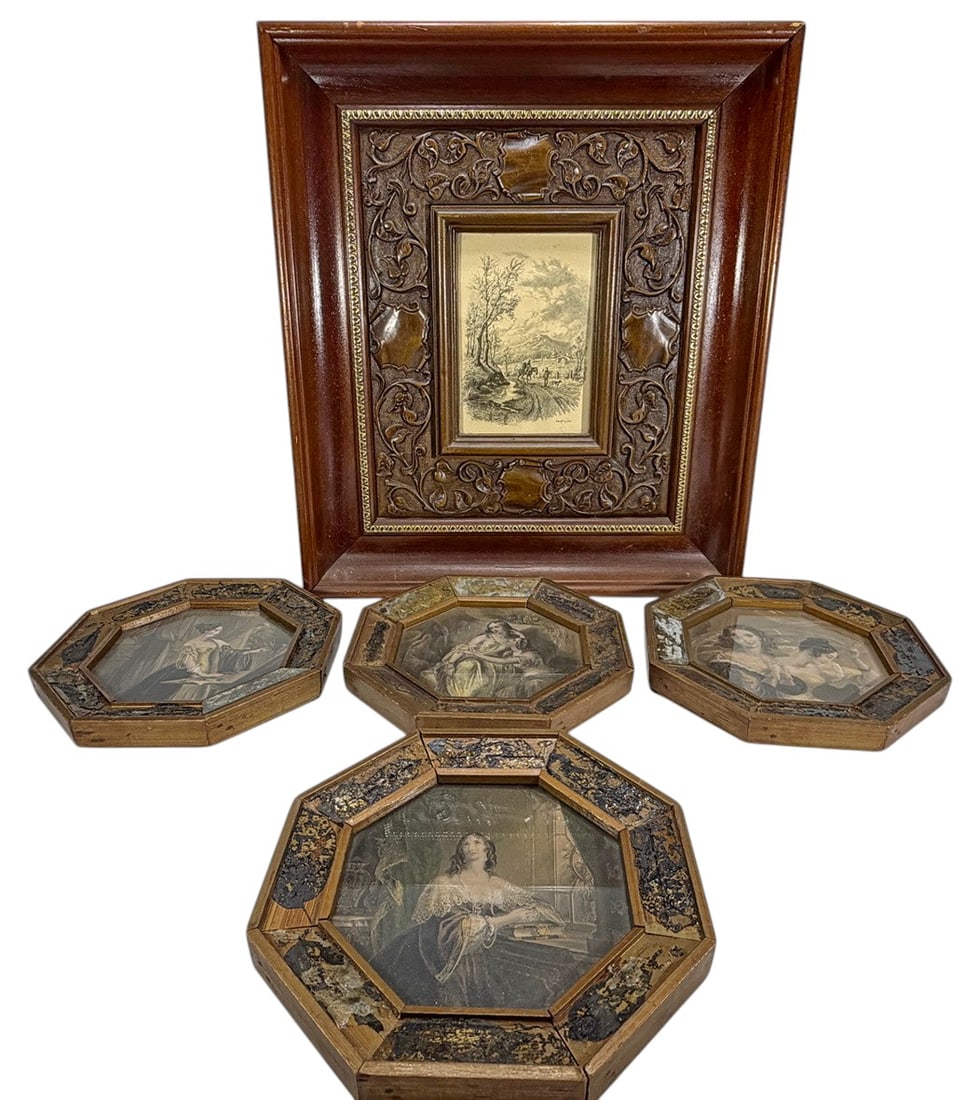 Hand Colored British Engravings & Artwork 5pc LOT: Lot of five framed artworks including four octagonal hand-colored engravings from the Gallery of British Artists, each housed in decorative octagonal wood frames with mirrored accents. Accompanied by 