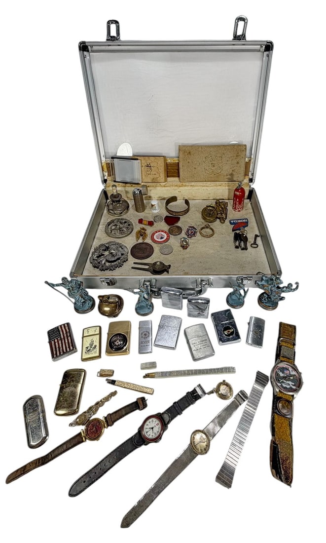 Vintage Zippo Lighters Watches Medal Pins 50pc LOT: Group of 50 pieces including an aluminum and acrylic display case. Lot contains assorted vintage collectibles such as cigarette lighters, wristwatches, pocket watch pendant, military and commemorative