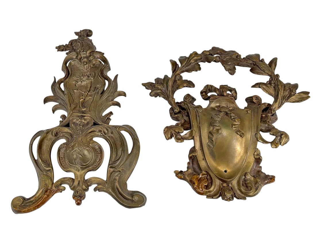 Decorative French Chased Bronze Mounts 2pc LOT: Lot of 2 French-style chased bronze decorative mounts or furniture ornaments. The larger mount features an elaborate Rococo-inspired scrolling design with floral and foliate motifs, while the companio