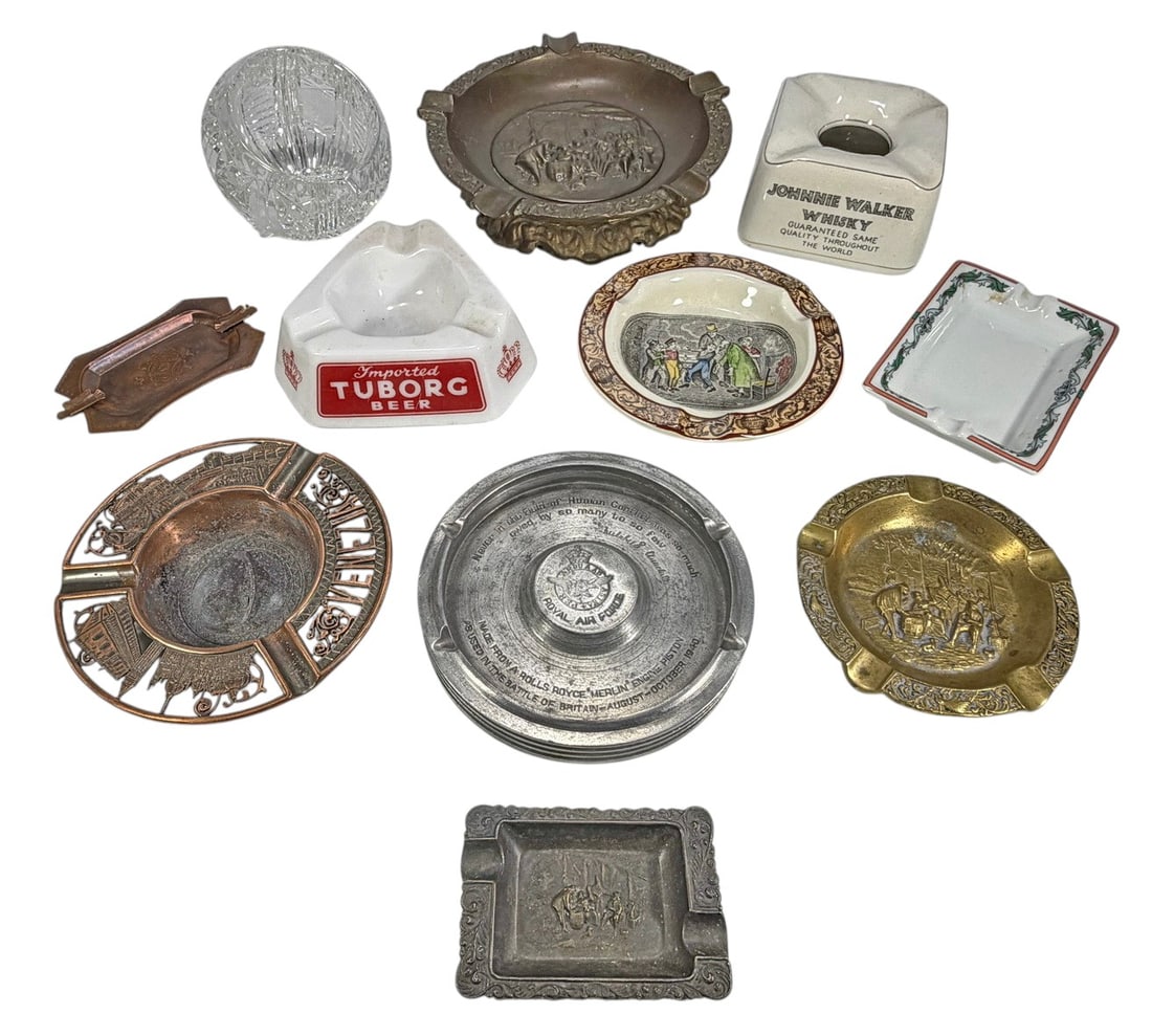 Assorted Vintage Mixed Material Ashtrays 11pc LOT: Group of eleven vintage ashtrays in assorted materials including brass, copper-tone metal, cast metal, pewter, porcelain, and cut glass. Lot includes advertising examples for Johnnie Walker Whisky and