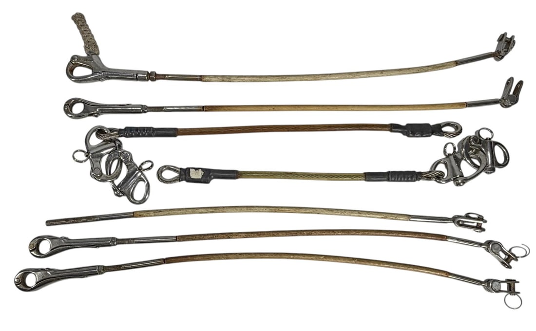 Assorted Marine Rigging Turnbuckles & Fittings 7pc: Lot of seven marine rigging components including turnbuckles, wire rope assemblies, snap hooks, and stainless steel fittings. The group features mixed hardware commonly used for sailboat standing rigg