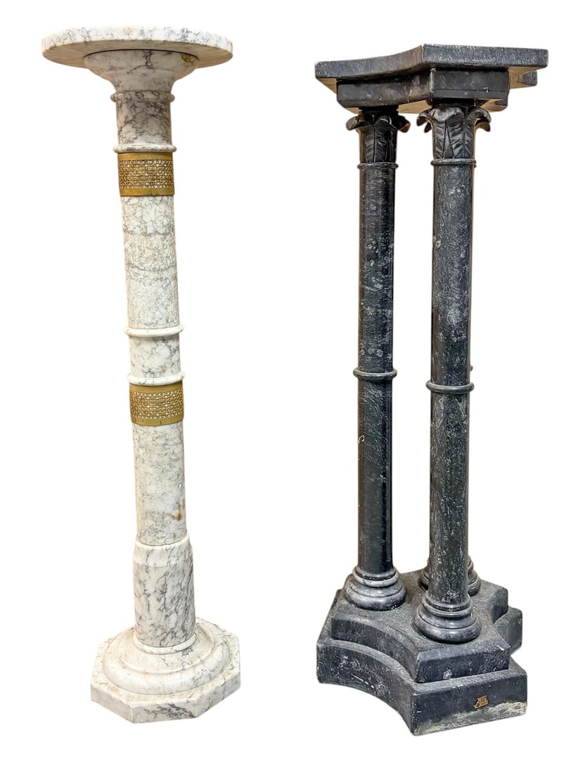 Italian Alabaster Pedestals Display Stands 2pc LOT: Pair of decorative pedestal stands. Includes one white marble pedestal with brass-tone filigree bands and one black stone pedestal with four column supports and shaped top. Suitable for displaying scu