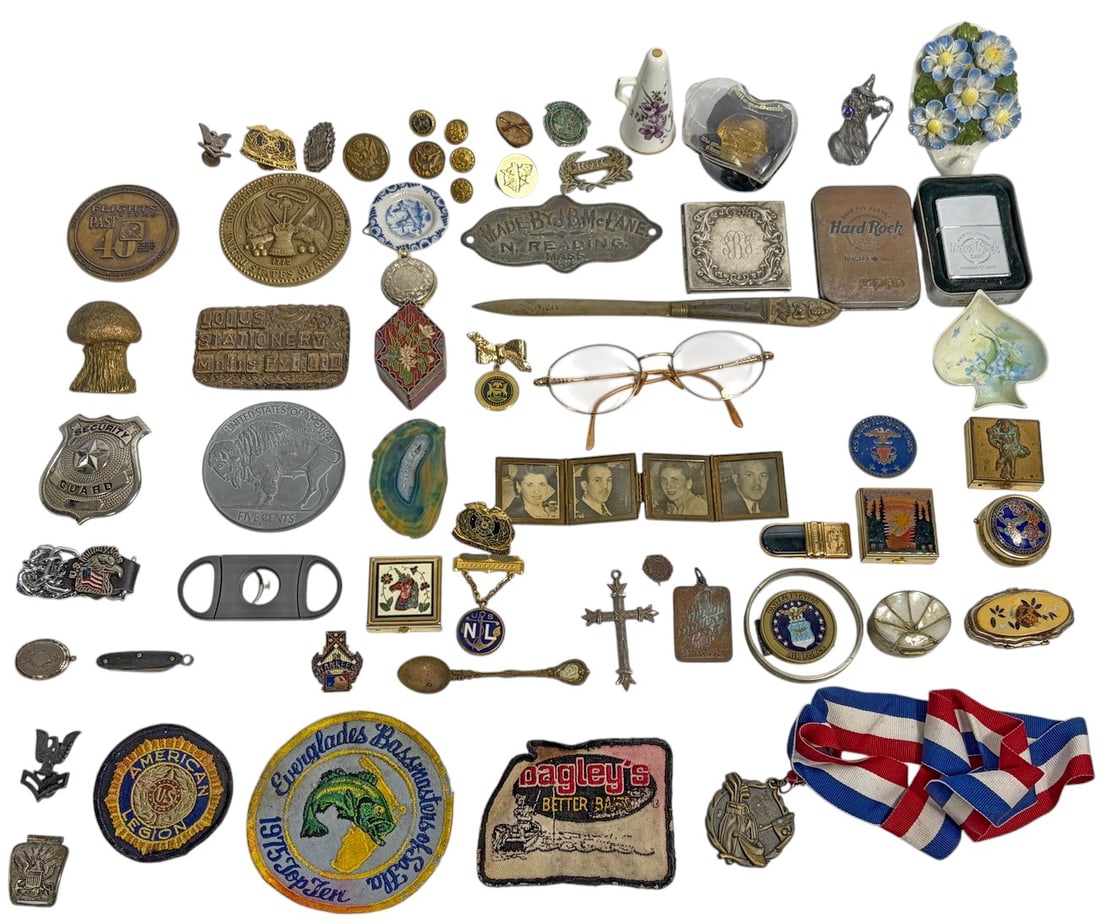 Surprise Display Case, Assorted Items 54pc LOT: Vintage wood and glass display case offered as a surprise lot including the display case and 53 assorted collectibles, for a total of 54 pcs. Contents include patches, badges, pins, medals, souvenir i
