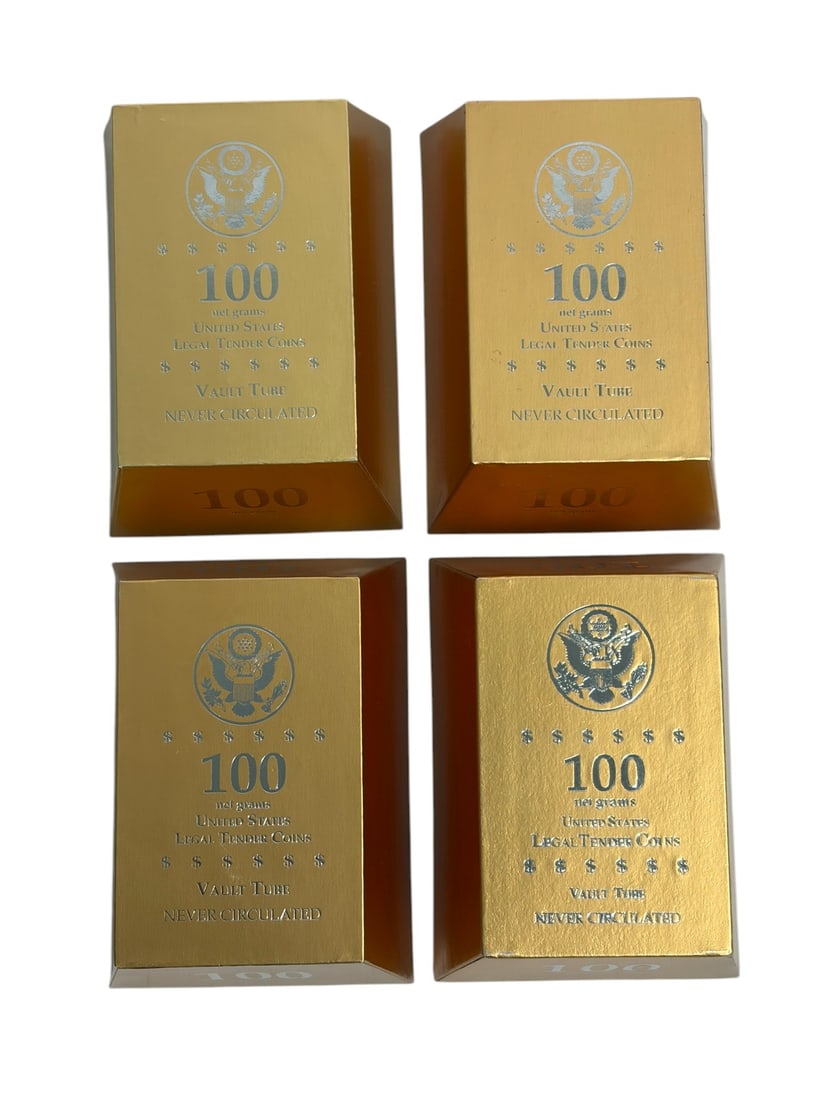 Boxed Presidential Dollar Coin Roll Collection 4pc: Lot of 4 original Presidential $1 Coin rolls, each housed in its original "Gold Brick" style presentation box with the original plastic coin tube and factory seal intact. Includes uncirculated 25-coin